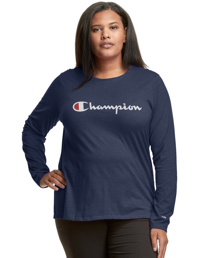 Champion Womens T-Shirt NZ - Plus Classic Long-Sleeve Script Logo Navy ( 7012-DUKIW )